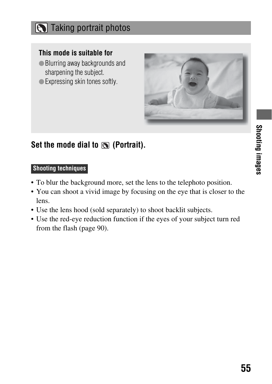 Taking portrait photos | Sony alpha DSLR-A500 User Manual | Page 55 / 178