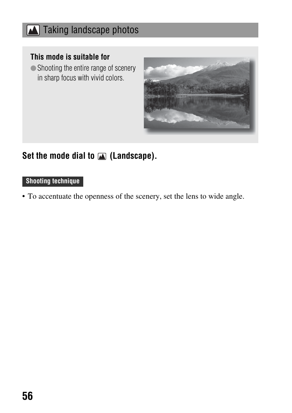 Taking landscape photos | Sony alpha DSLR-A500 User Manual | Page 56 / 178