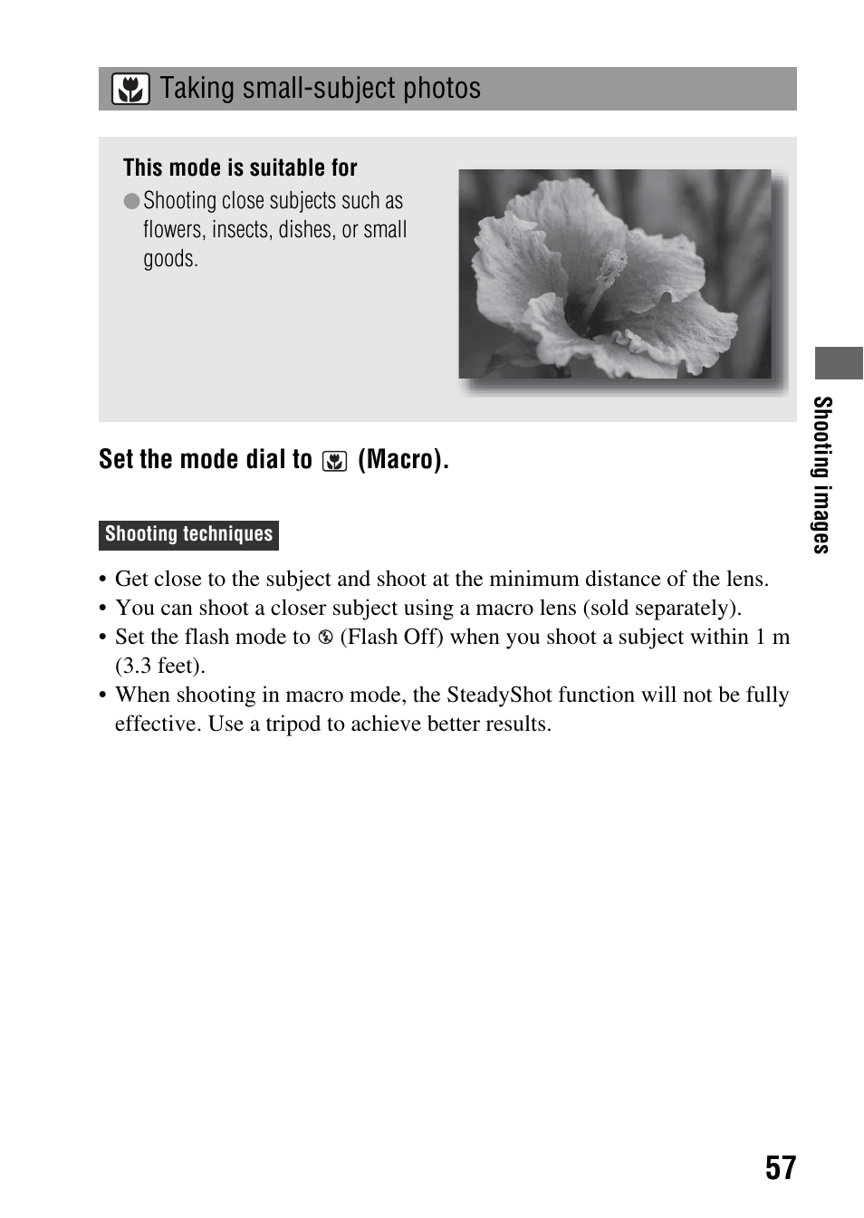 Taking small-subject photos | Sony alpha DSLR-A500 User Manual | Page 57 / 178