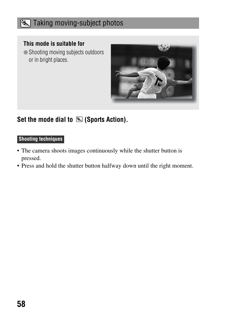 Taking moving-subject photos | Sony alpha DSLR-A500 User Manual | Page 58 / 178