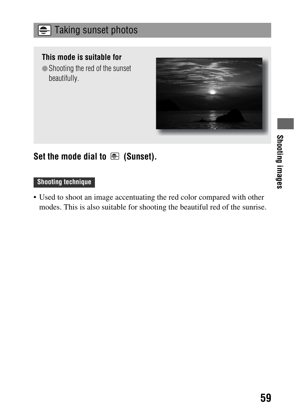 Taking sunset photos | Sony alpha DSLR-A500 User Manual | Page 59 / 178