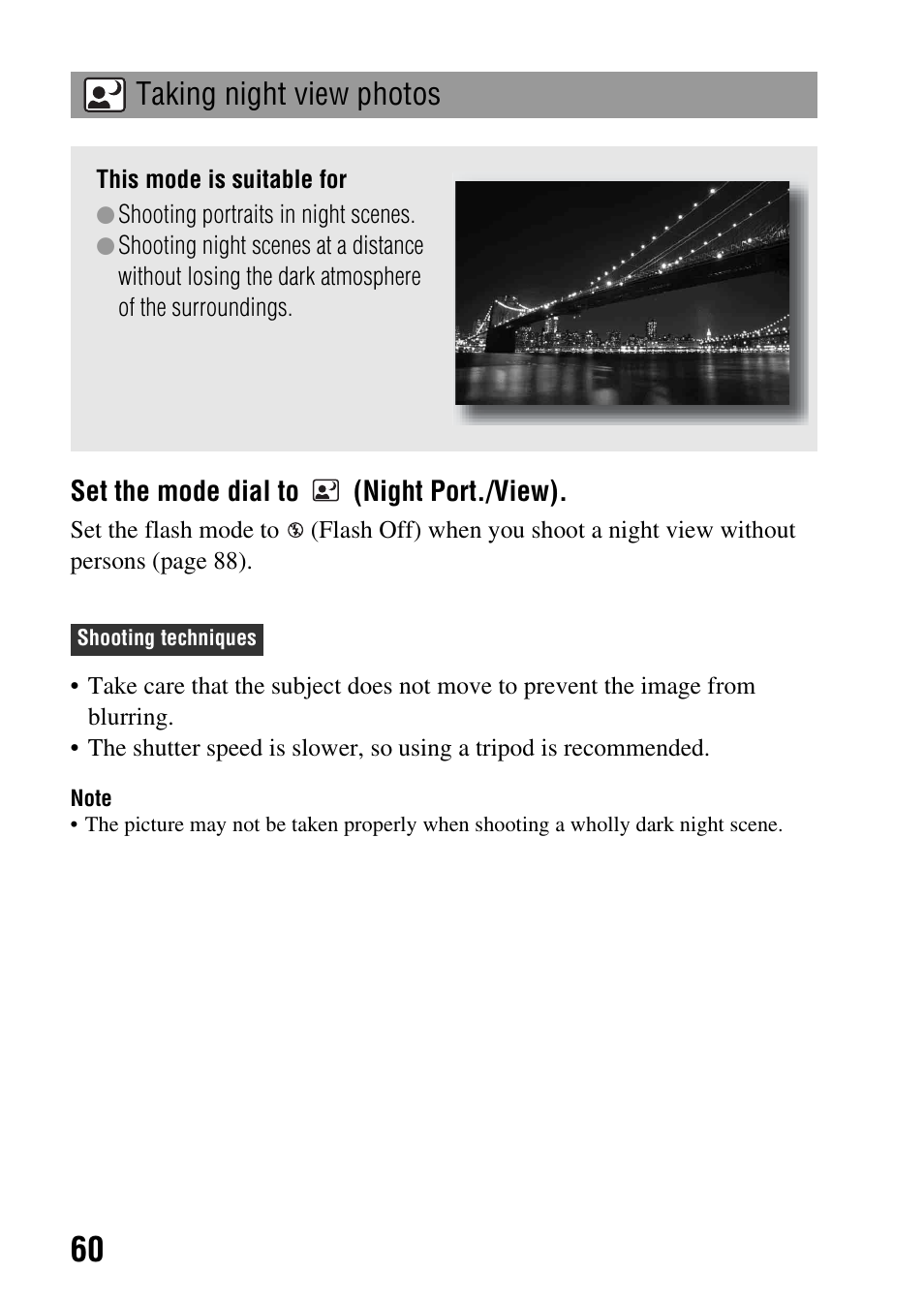 Taking night view photos | Sony alpha DSLR-A500 User Manual | Page 60 / 178