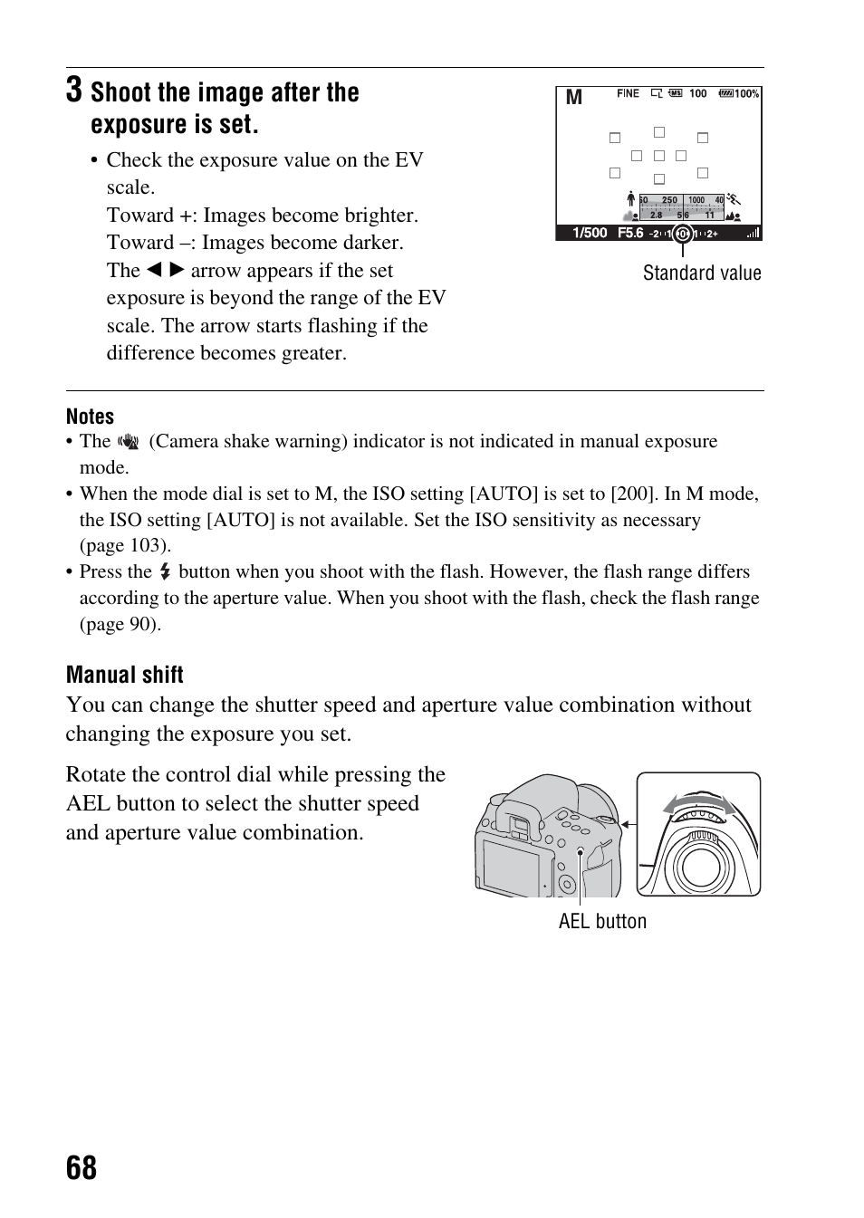 N (68, Shoot the image after the exposure is set | Sony alpha DSLR-A500 User Manual | Page 68 / 178