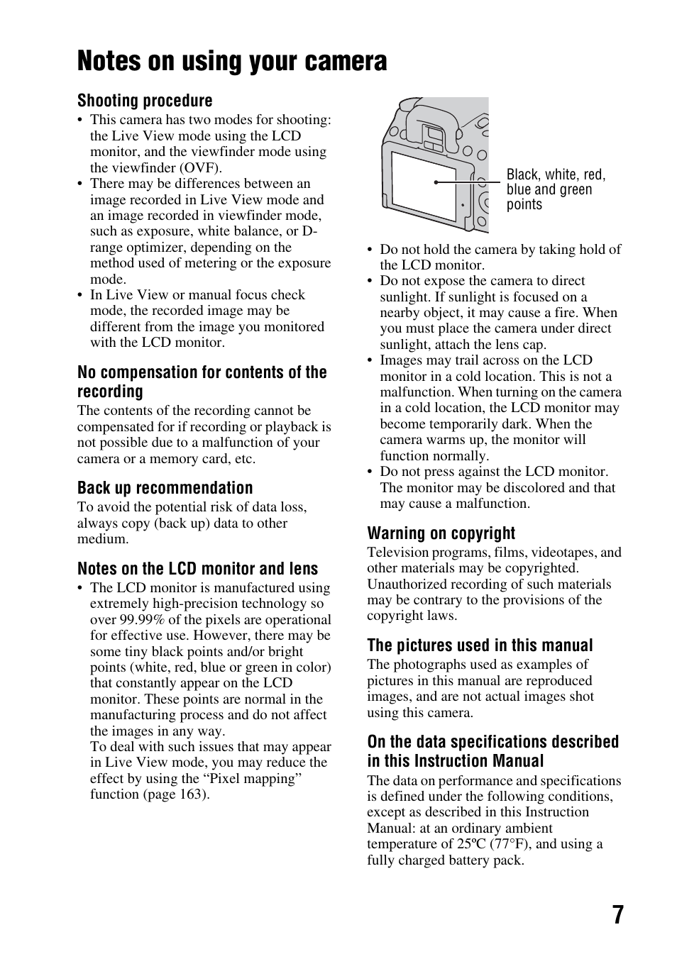 Notes on using your camera | Sony alpha DSLR-A500 User Manual | Page 7 / 178