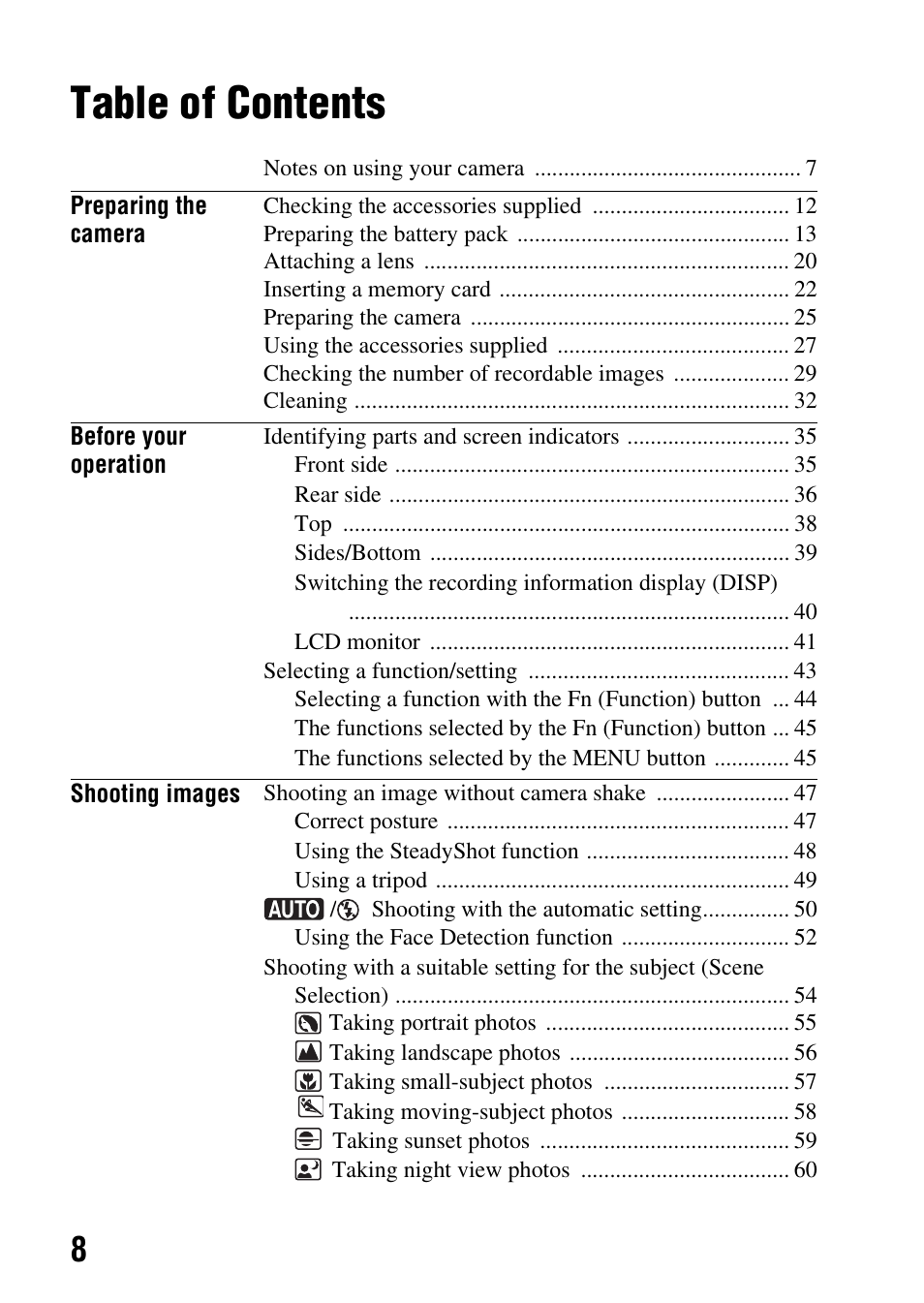 Sony alpha DSLR-A500 User Manual | Page 8 / 178