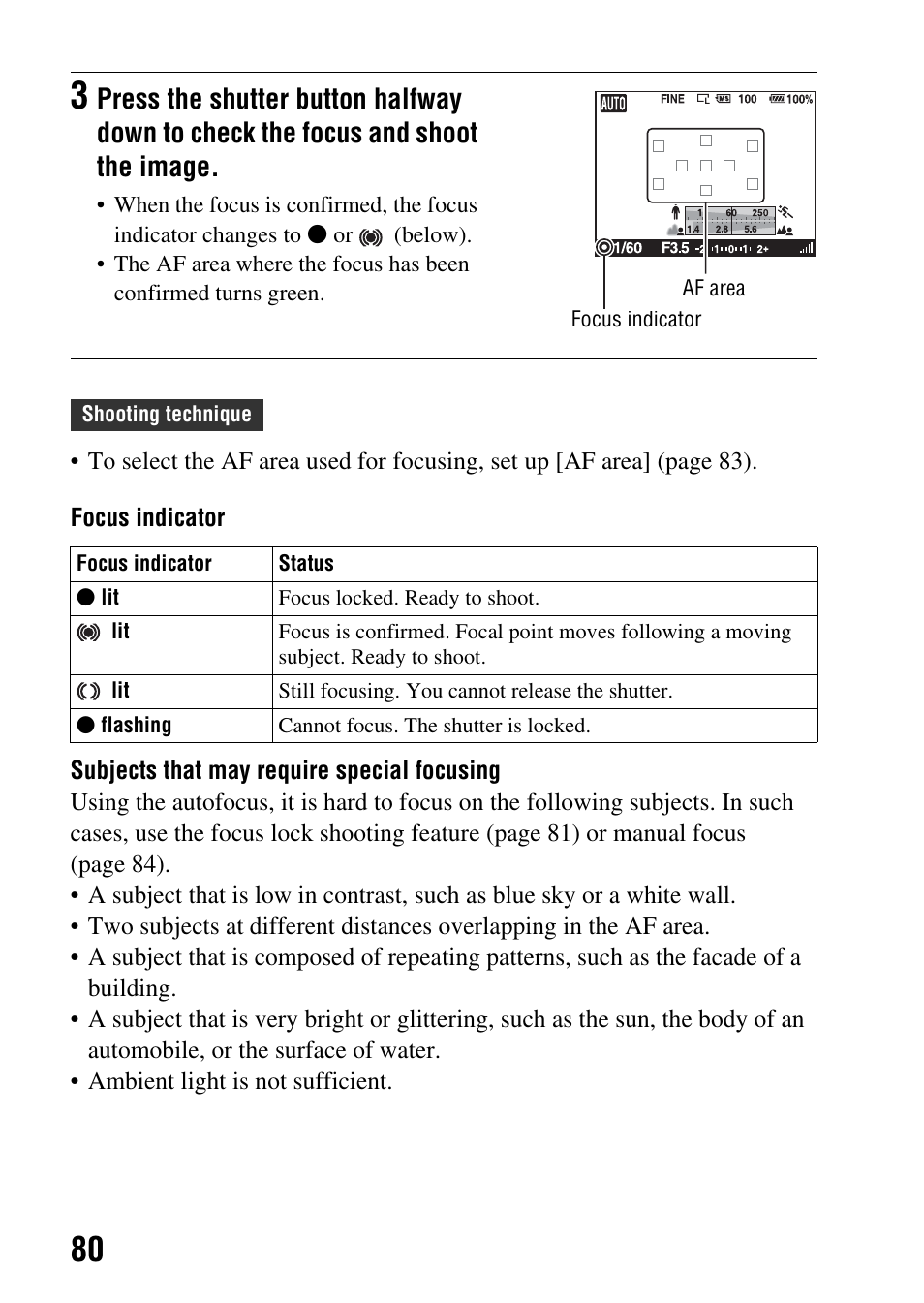 Focus (80) | Sony alpha DSLR-A500 User Manual | Page 80 / 178