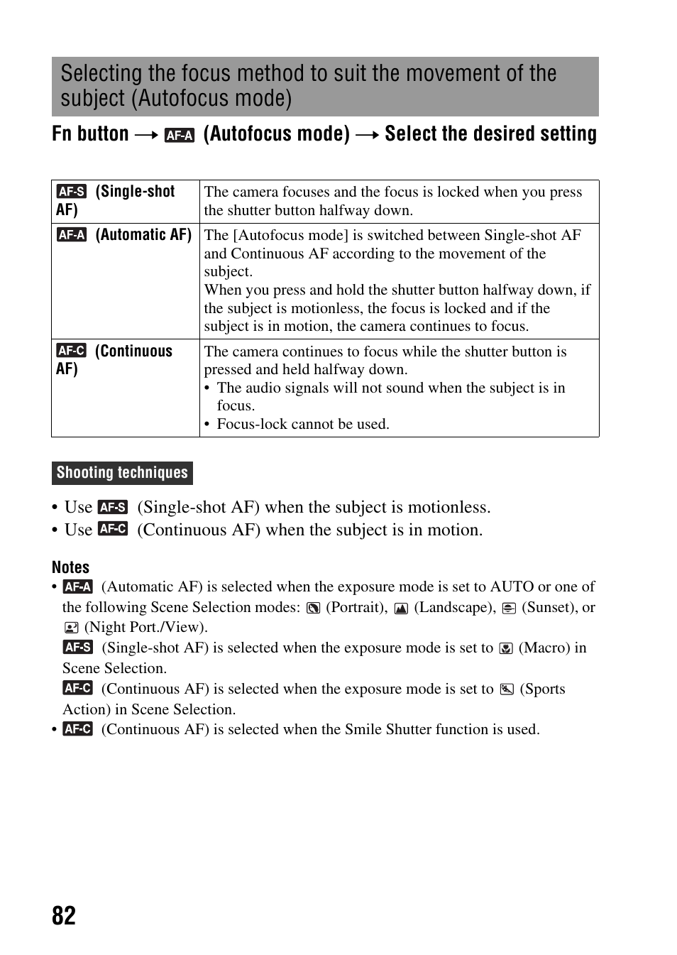 Subject (autofocus mode), De (82), Fn button t | Autofocus mode) t select the desired setting | Sony alpha DSLR-A500 User Manual | Page 82 / 178