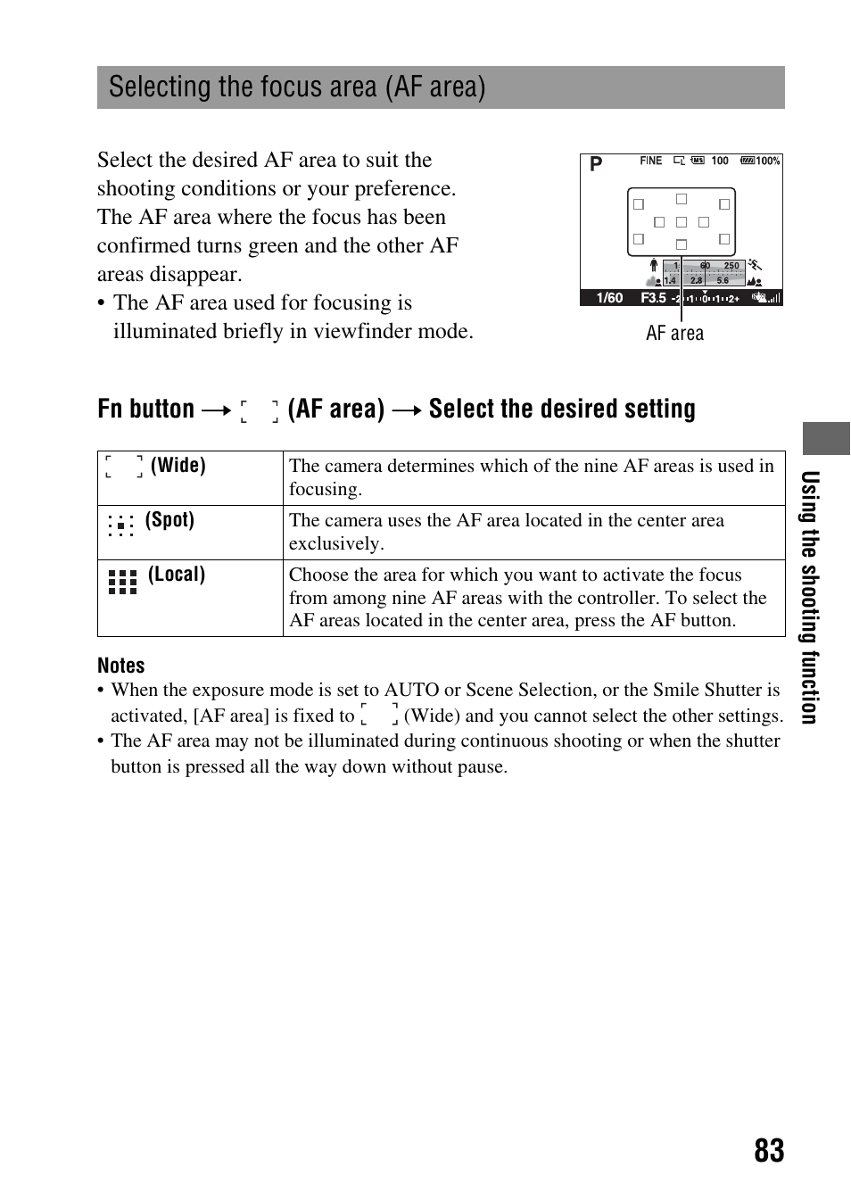 Selecting the focus area (af area), Fn button t (af area) t select the desired setting | Sony alpha DSLR-A500 User Manual | Page 83 / 178