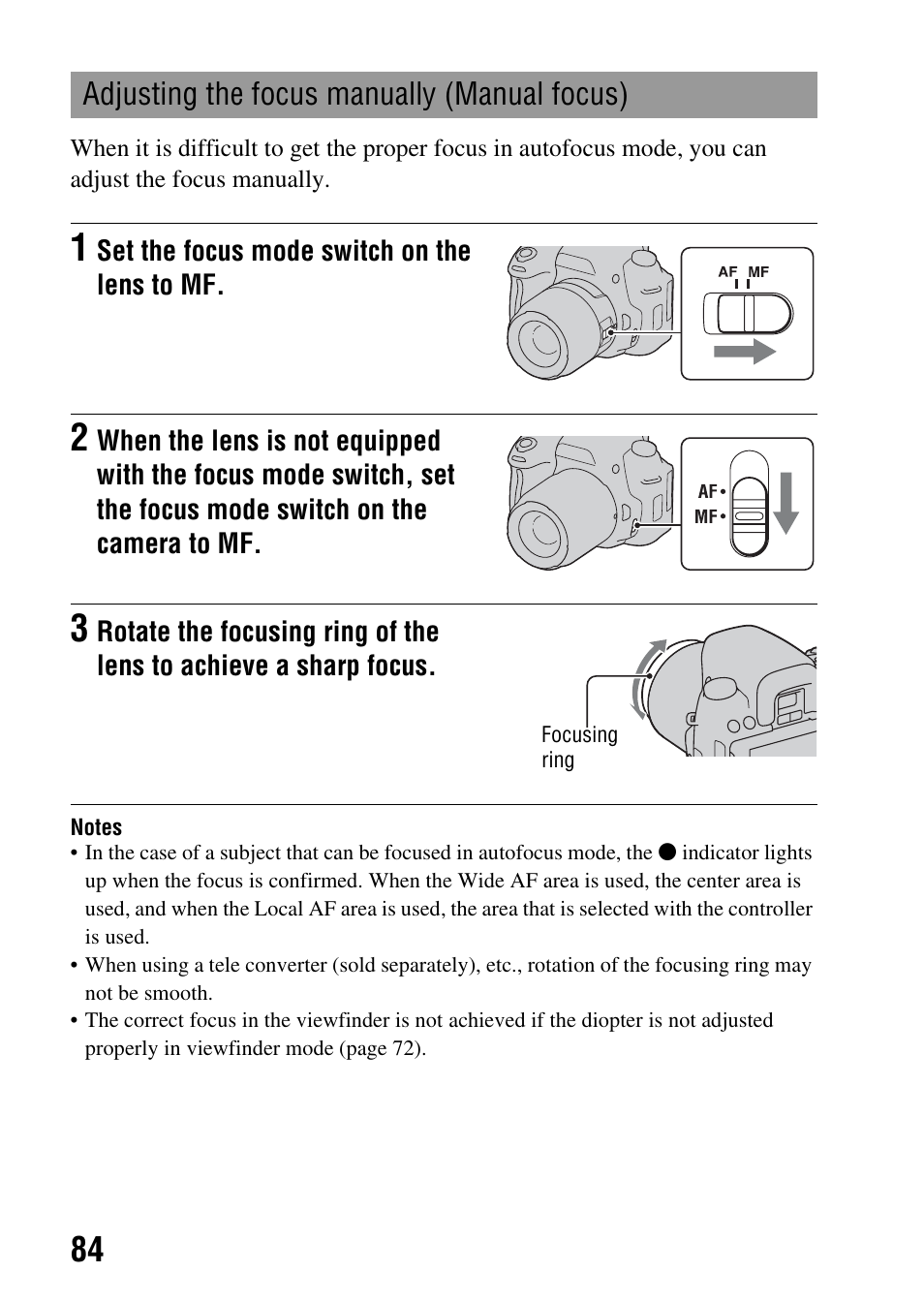 Adjusting the focus manually (manual focus) | Sony alpha DSLR-A500 User Manual | Page 84 / 178