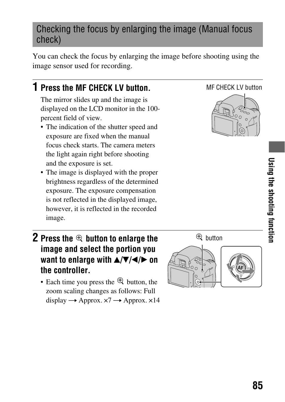 Checking the focus by enlarging the image (manual, Focus check), N (85 | Ew) button (85), Eck (85) | Sony alpha DSLR-A500 User Manual | Page 85 / 178