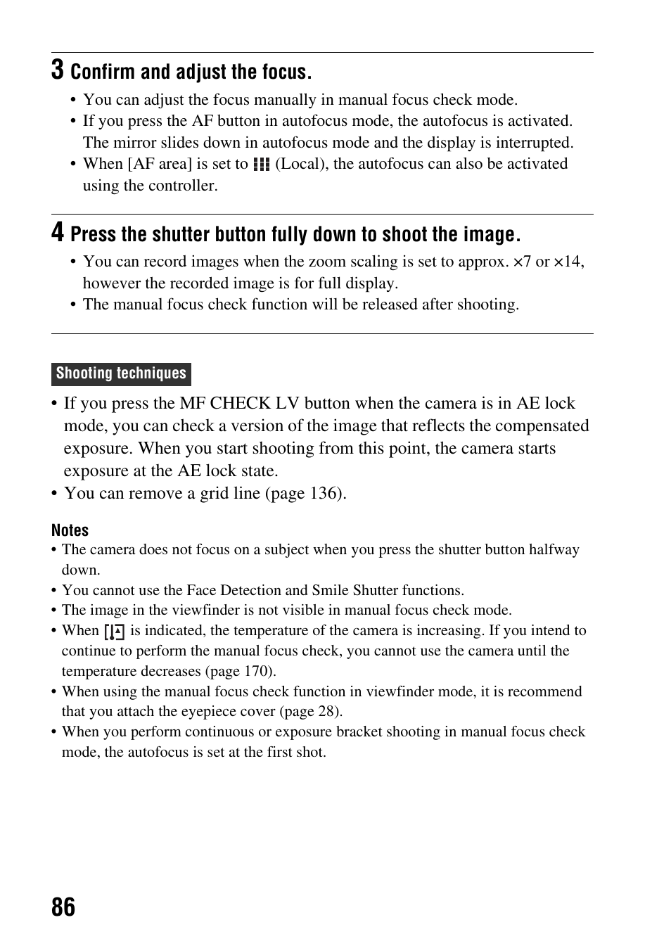 Confirm and adjust the focus | Sony alpha DSLR-A500 User Manual | Page 86 / 178