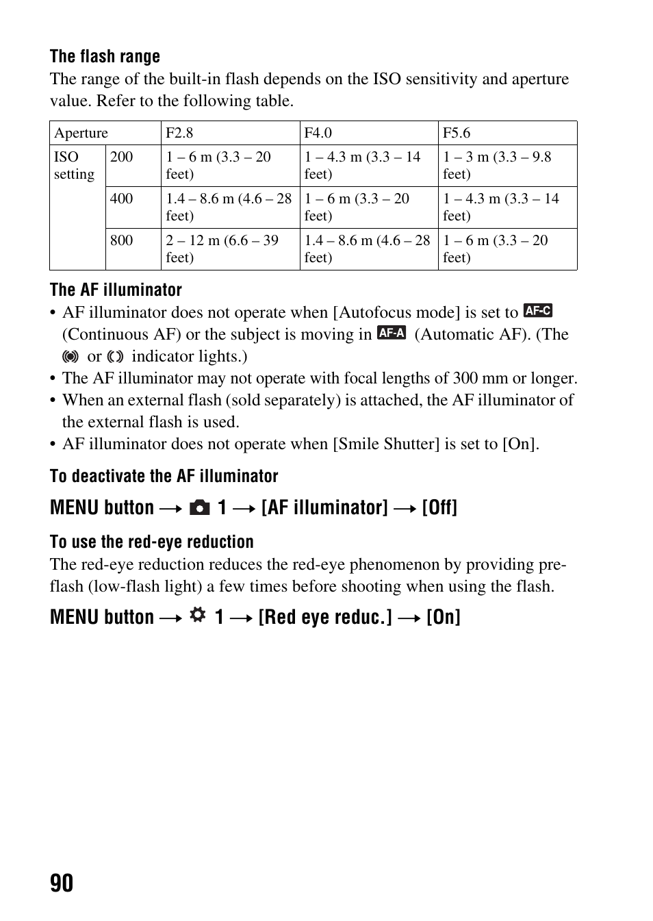 On (90), Eye reduc. (90), Menu button t 1 t [af illuminator] t [off | Menu button t 1 t [red eye reduc.] t [on | Sony alpha DSLR-A500 User Manual | Page 90 / 178