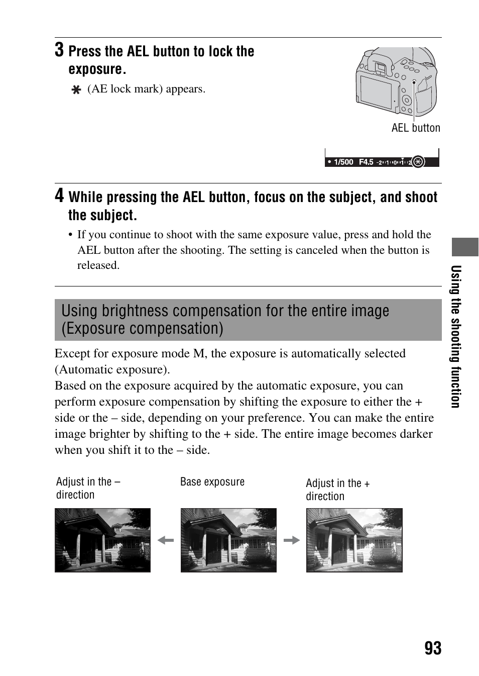 Using brightness compensation for the entire image, Exposure compensation), N (93) | E (93) | Sony alpha DSLR-A500 User Manual | Page 93 / 178