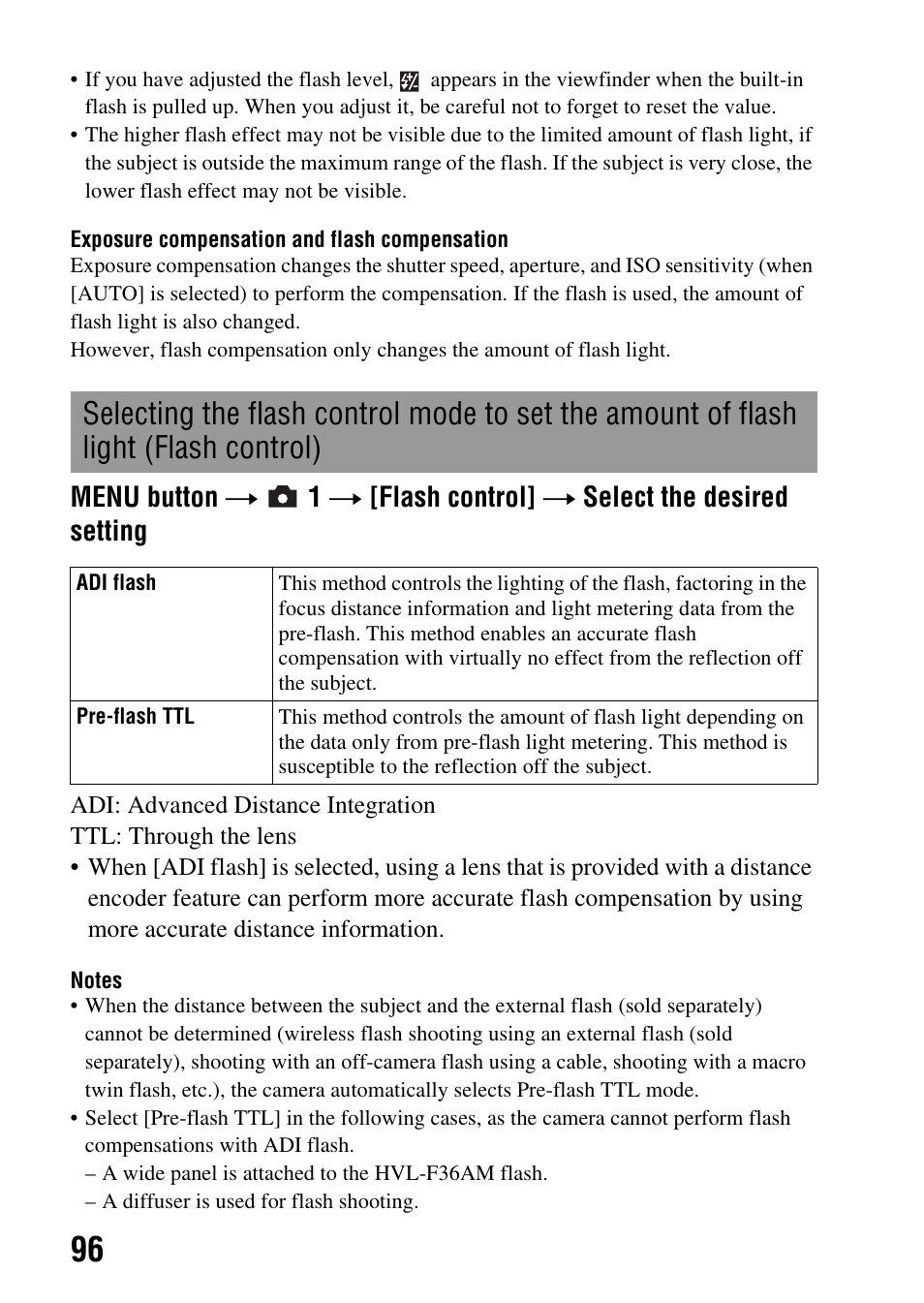 Flash light (flash control) | Sony alpha DSLR-A500 User Manual | Page 96 / 178