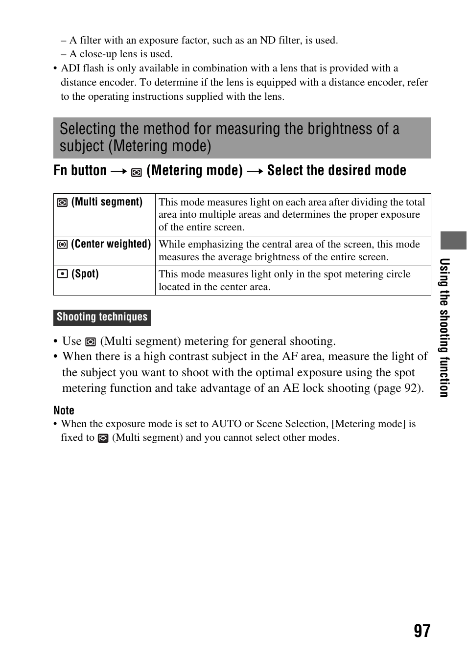 Subject (metering mode), Ng area (97), Ng (97) | Ode (97) | Sony alpha DSLR-A500 User Manual | Page 97 / 178