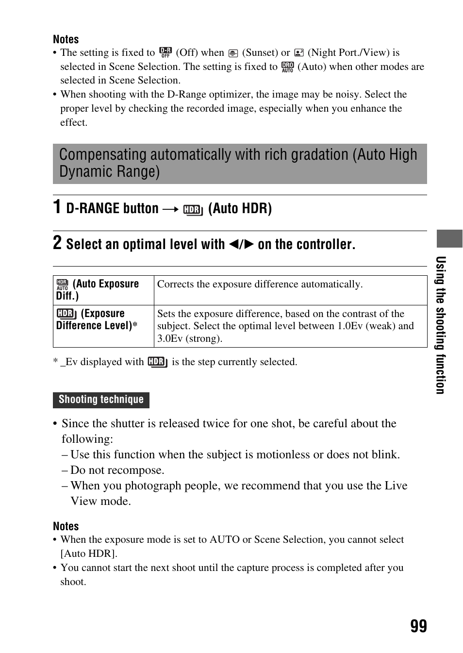 High dynamic range), D-range button t (auto hdr) | Sony alpha DSLR-A500 User Manual | Page 99 / 178