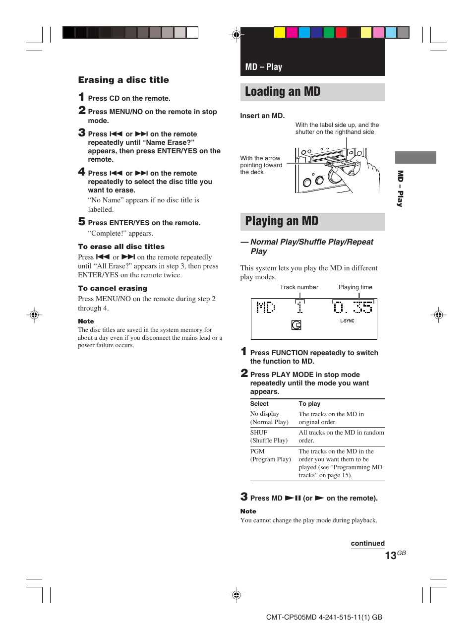 Md – play, Loading an md, Playing an md | Sony CMT-CP505MD User Manual | Page 13 / 68