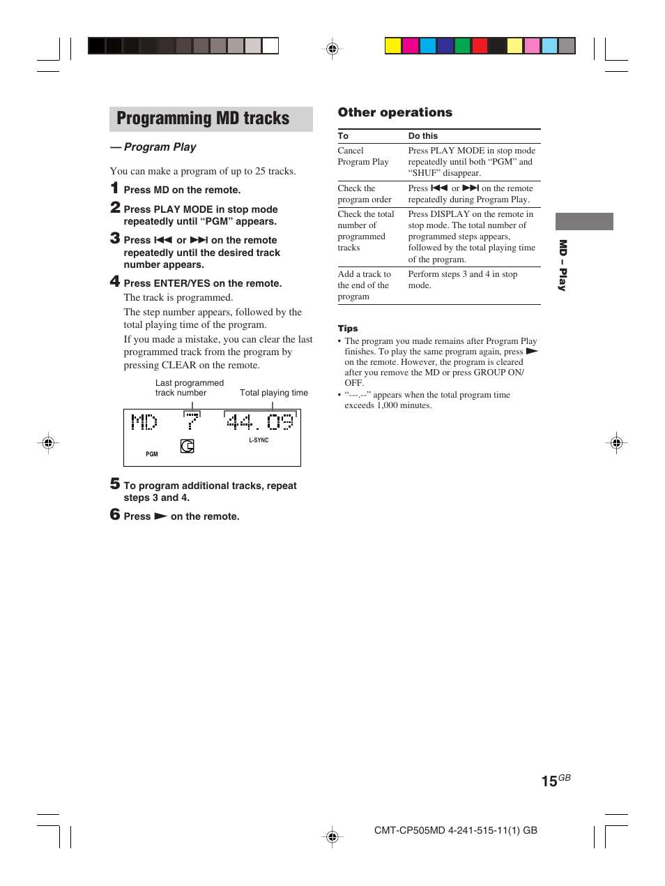 Programming md tracks | Sony CMT-CP505MD User Manual | Page 15 / 68