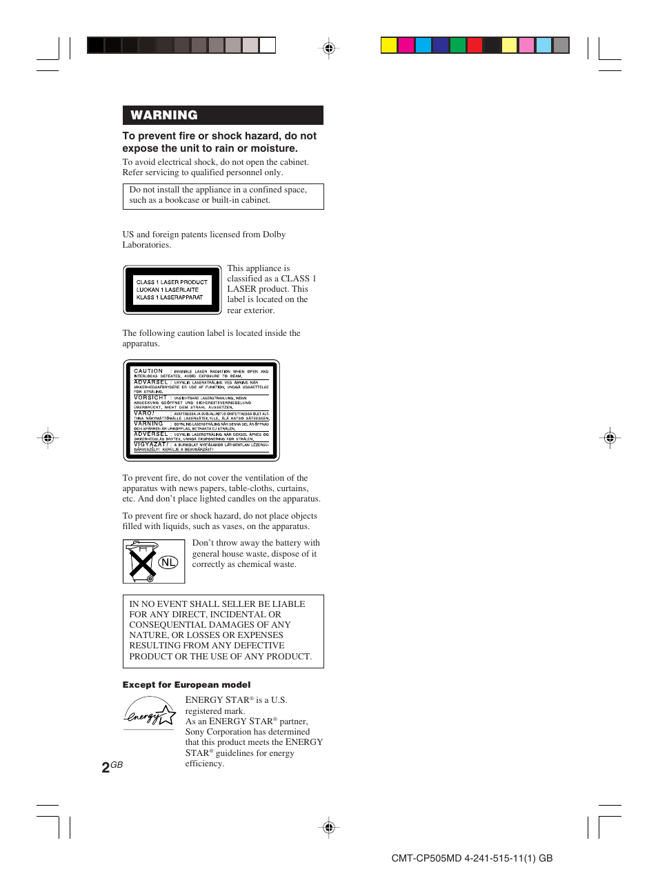 Warning | Sony CMT-CP505MD User Manual | Page 2 / 68