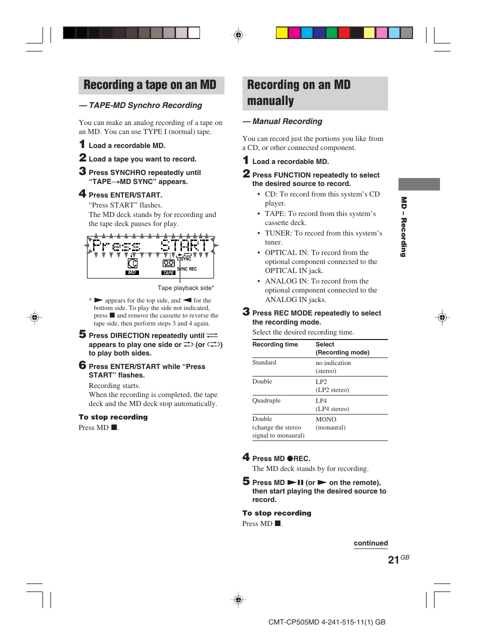Recording a tape on an md, Recording on an md manually | Sony CMT-CP505MD User Manual | Page 21 / 68