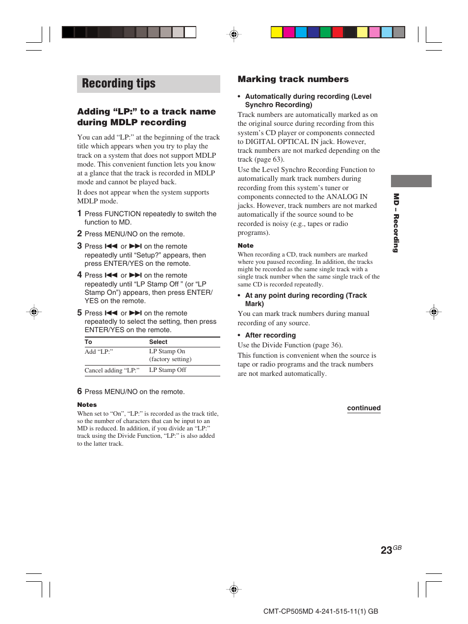 Recording tips | Sony CMT-CP505MD User Manual | Page 23 / 68