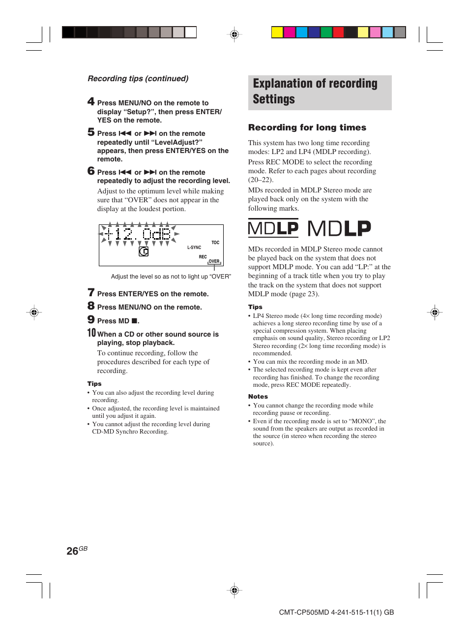Explanation of recording settings | Sony CMT-CP505MD User Manual | Page 26 / 68