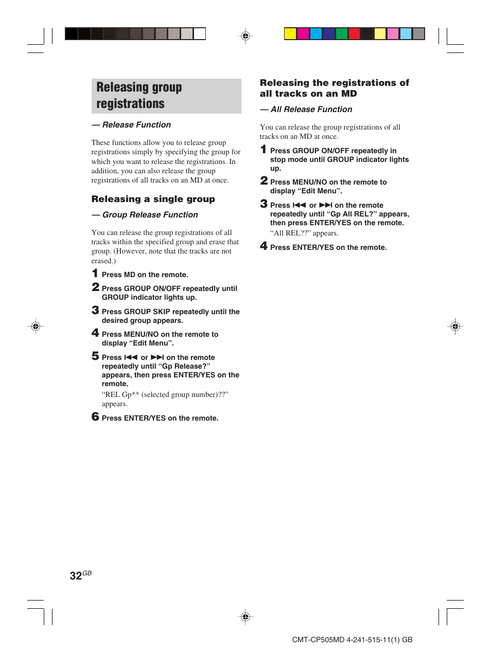 Releasing group registrations | Sony CMT-CP505MD User Manual | Page 32 / 68