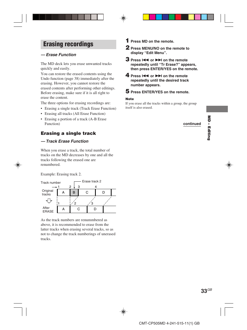 Erasing recordings | Sony CMT-CP505MD User Manual | Page 33 / 68
