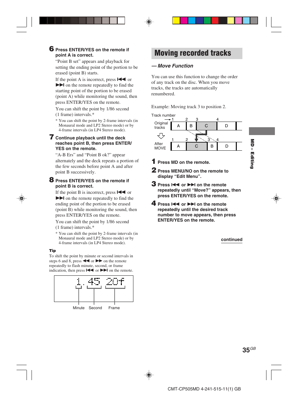 Moving recorded tracks | Sony CMT-CP505MD User Manual | Page 35 / 68