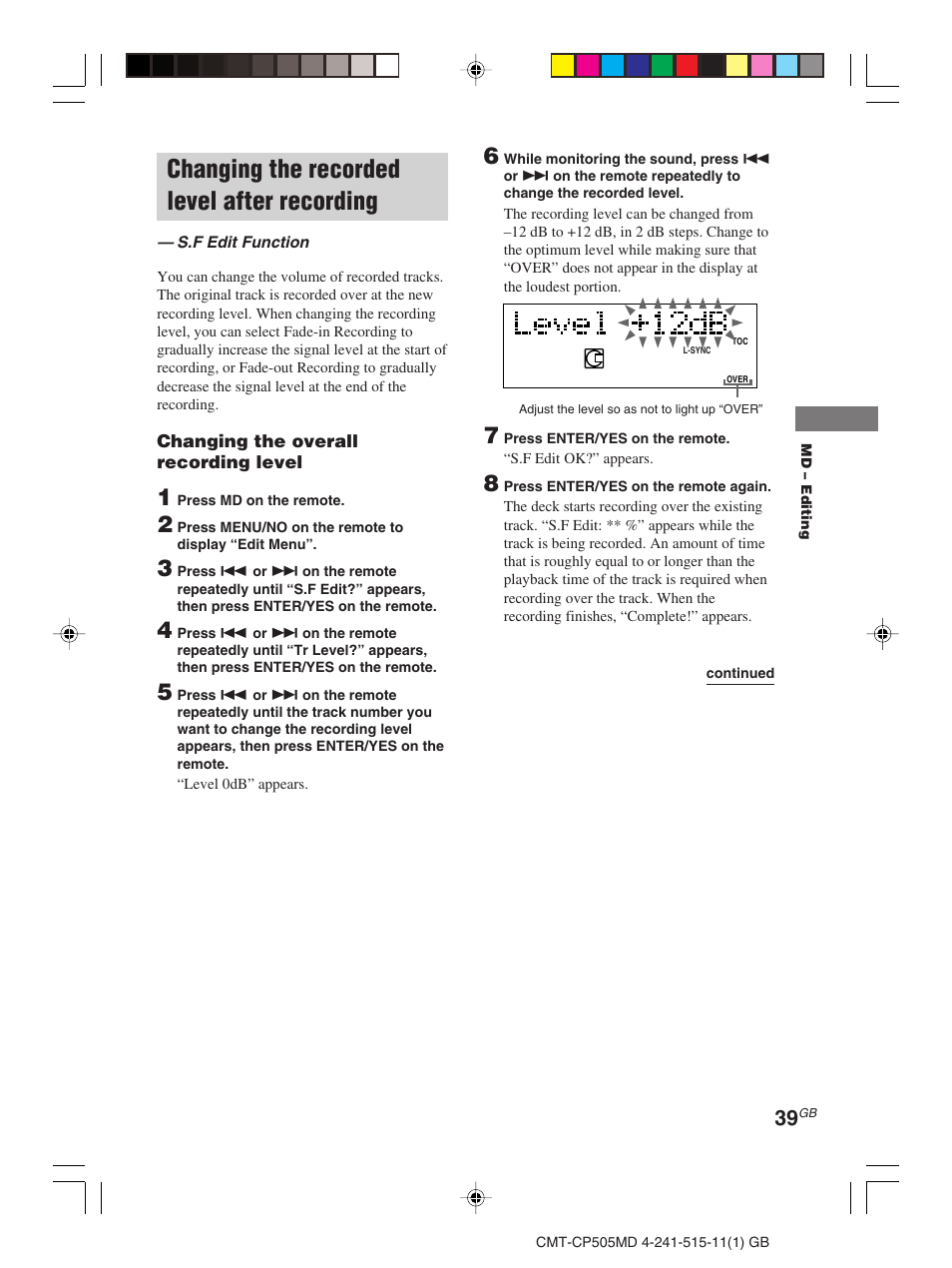 Changing the recorded level after recording | Sony CMT-CP505MD User Manual | Page 39 / 68