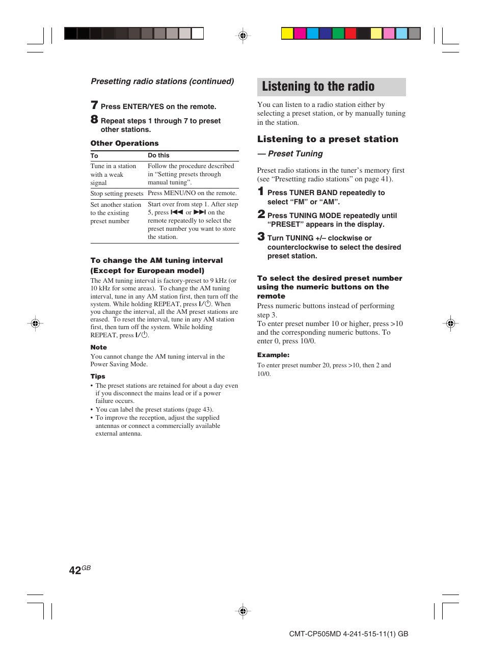 Listening to the radio | Sony CMT-CP505MD User Manual | Page 42 / 68