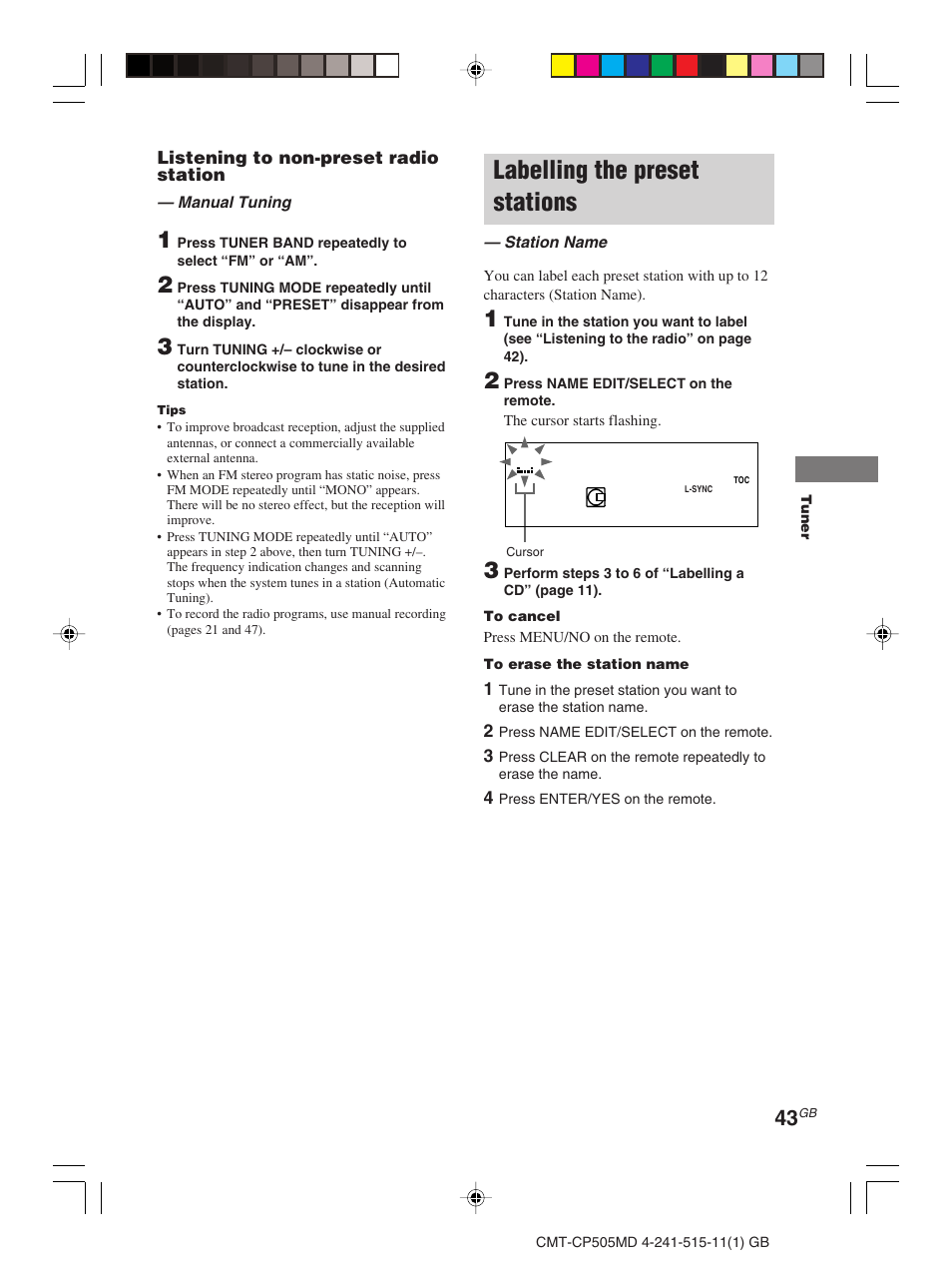 Labelling the preset stations | Sony CMT-CP505MD User Manual | Page 43 / 68