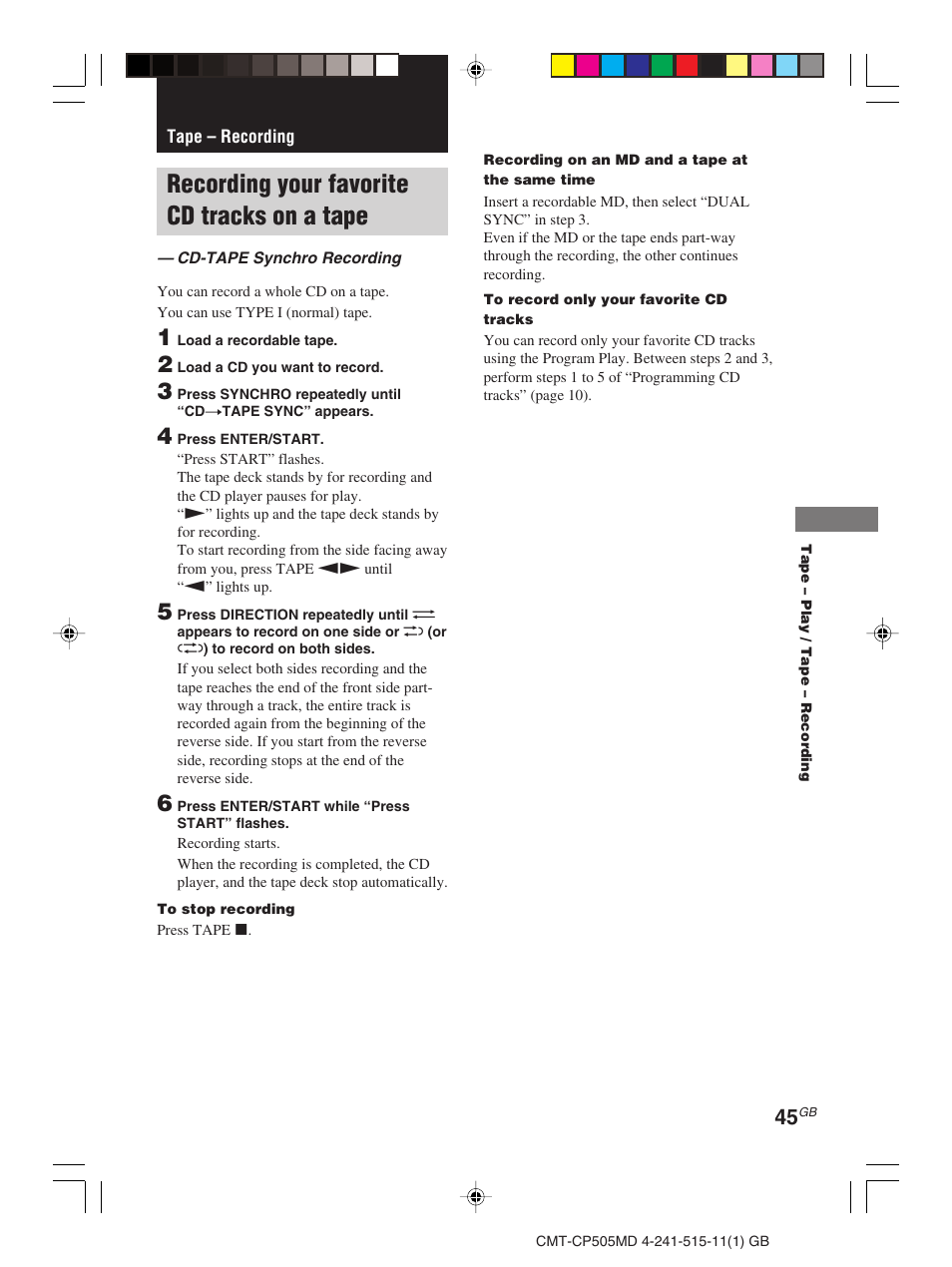 Tape – recording, Recording your favorite cd tracks on a tape | Sony CMT-CP505MD User Manual | Page 45 / 68