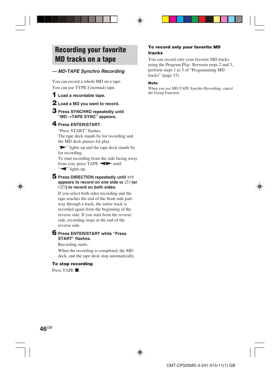 Recording your favorite md tracks on a tape | Sony CMT-CP505MD User Manual | Page 46 / 68