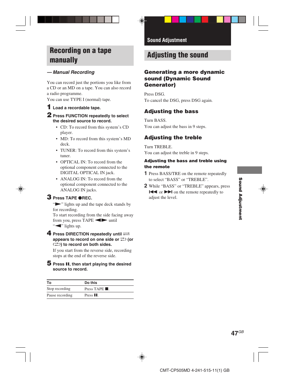 Recording on a tape manually, Sound adjustment, Adjusting the sound | Sony CMT-CP505MD User Manual | Page 47 / 68