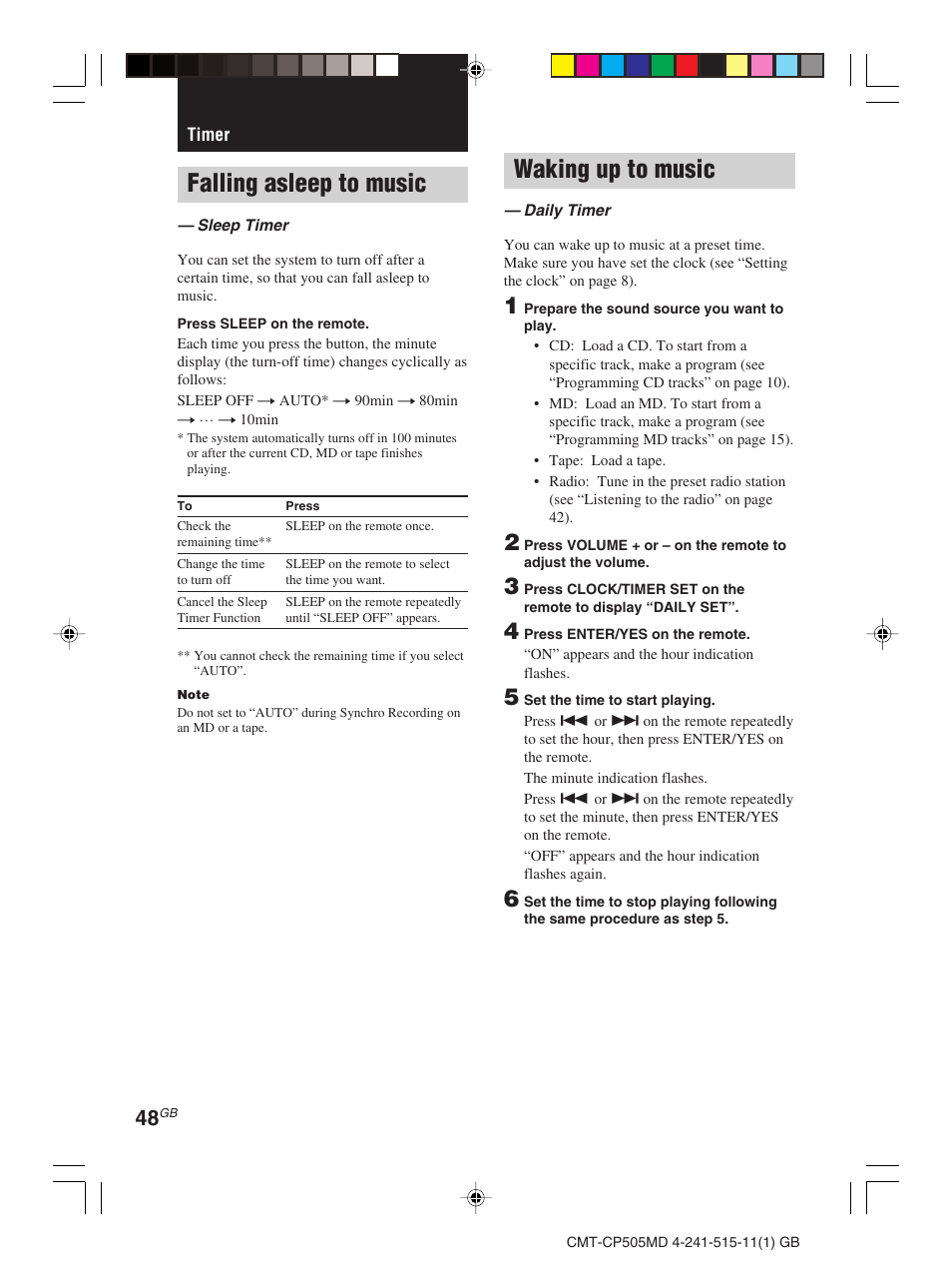Timer, Falling asleep to music, Waking up to music | Sony CMT-CP505MD User Manual | Page 48 / 68