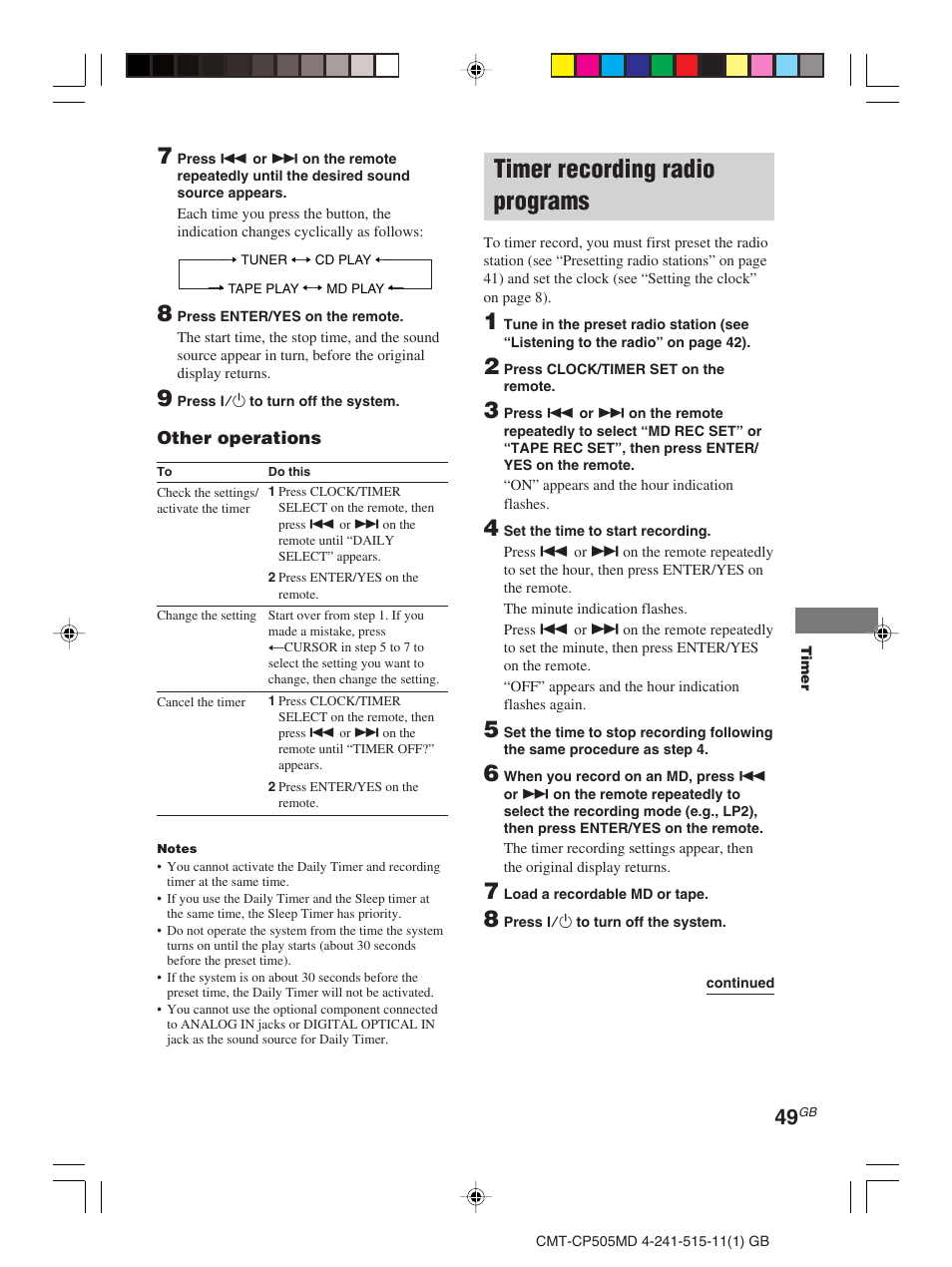 Timer recording radio programs | Sony CMT-CP505MD User Manual | Page 49 / 68