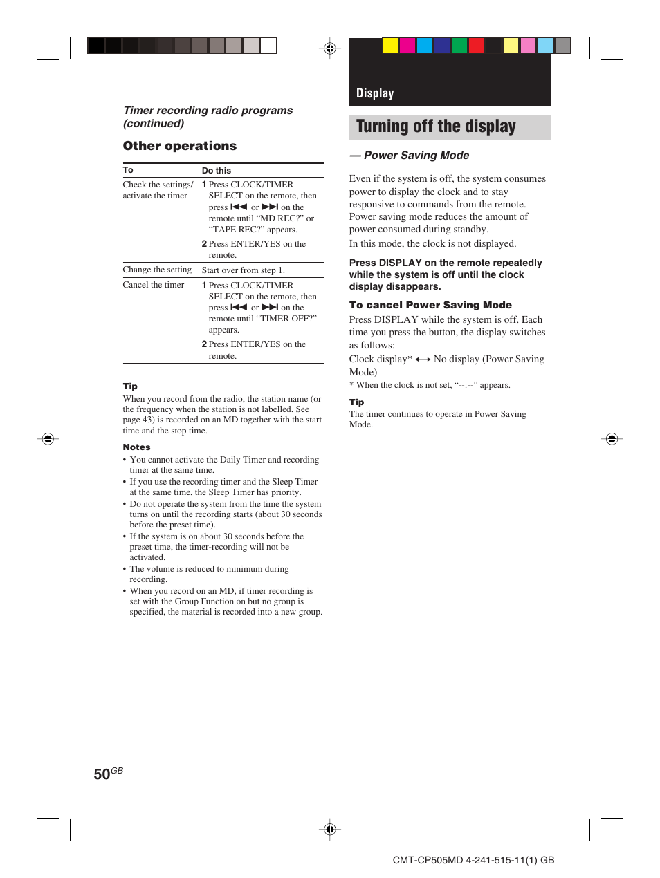 Display, Turning off the display | Sony CMT-CP505MD User Manual | Page 50 / 68