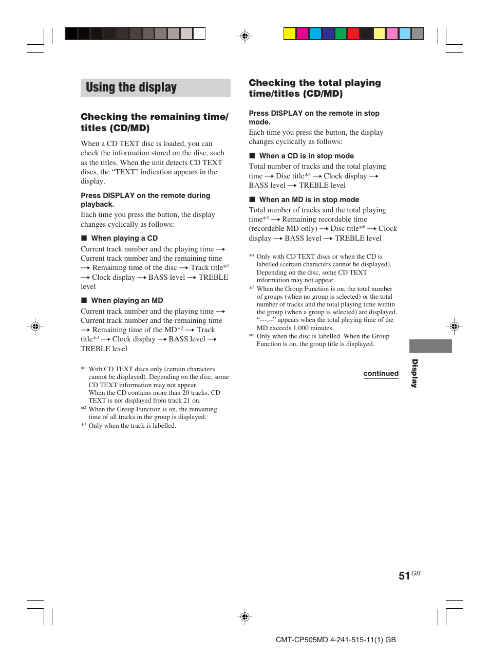 Using the display, Checking the total playing time/titles (cd/md), Checking the remaining time/ titles (cd/md) | Sony CMT-CP505MD User Manual | Page 51 / 68