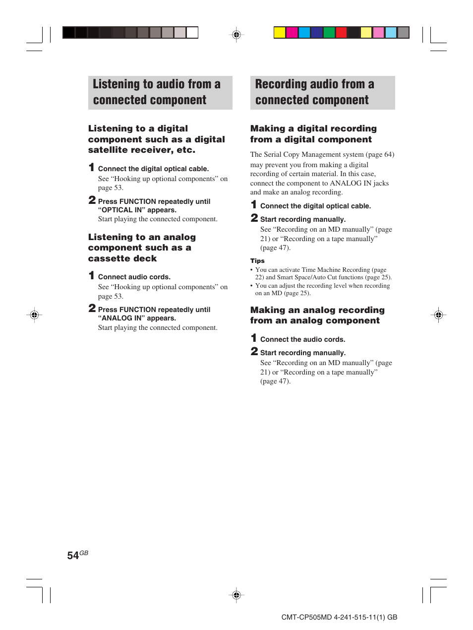 Listening to audio from a connected component, Recording audio from a connected component | Sony CMT-CP505MD User Manual | Page 54 / 68