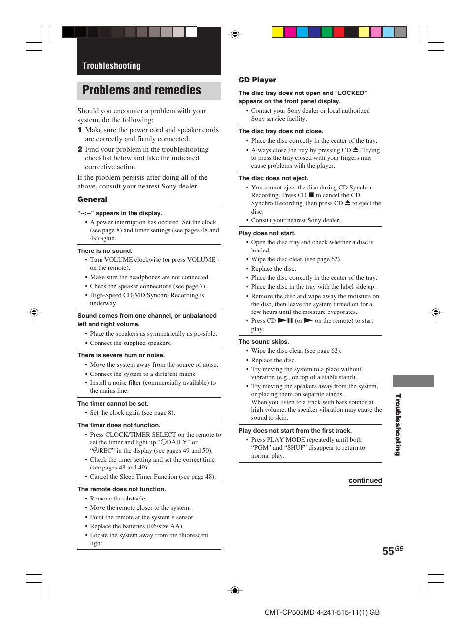 Troubleshooting, Problems and remedies | Sony CMT-CP505MD User Manual | Page 55 / 68