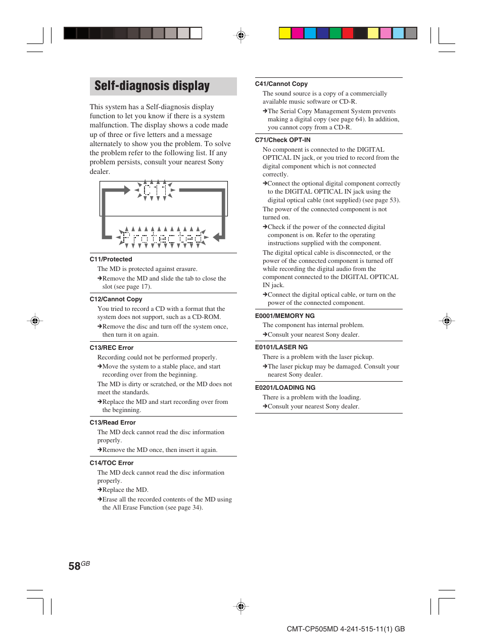 Self-diagnosis display | Sony CMT-CP505MD User Manual | Page 58 / 68