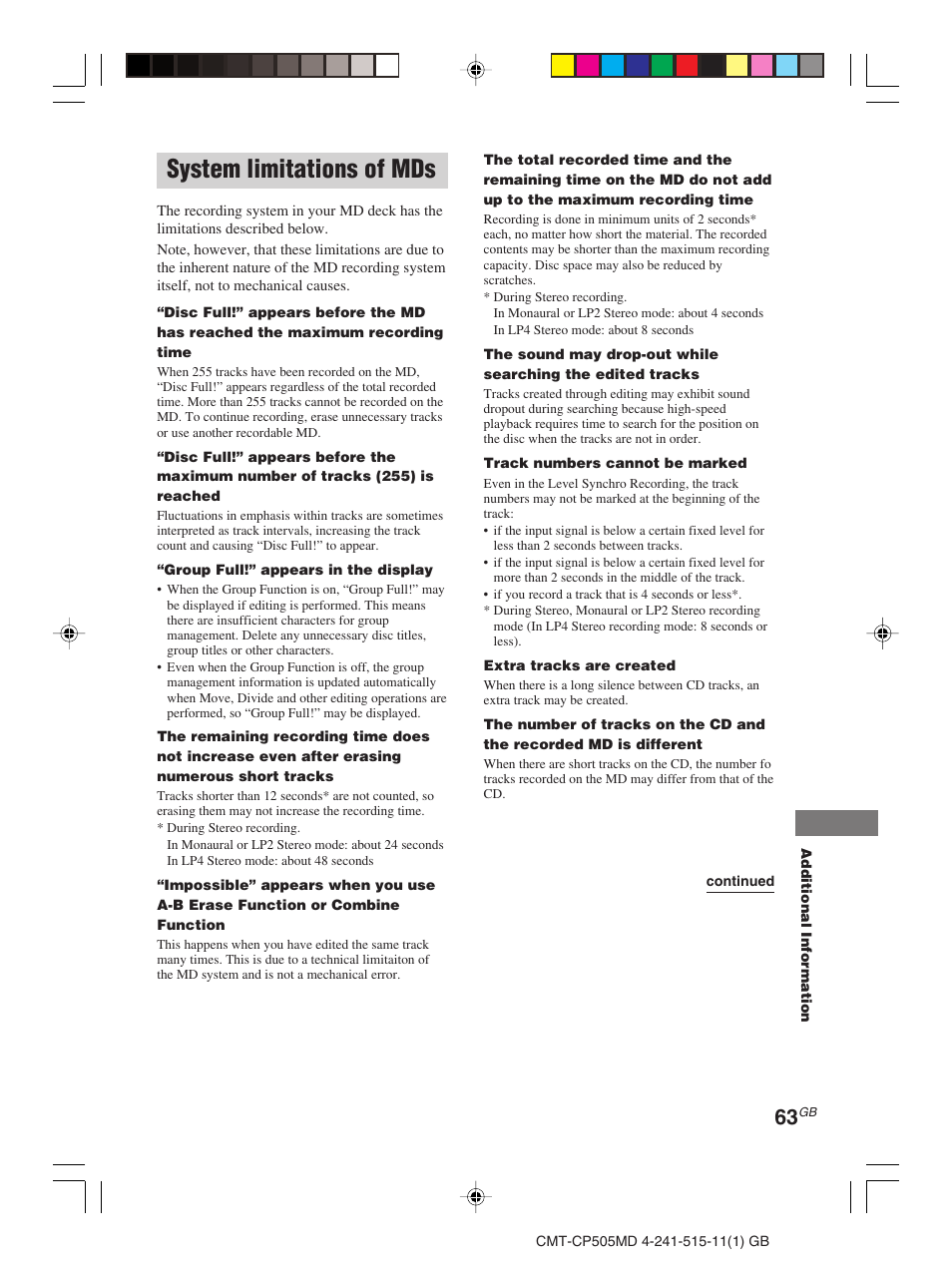 System limitations of mds | Sony CMT-CP505MD User Manual | Page 63 / 68