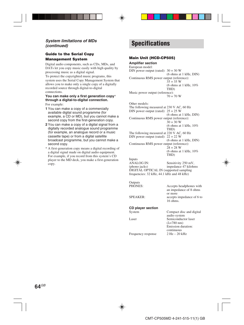 Specifications | Sony CMT-CP505MD User Manual | Page 64 / 68