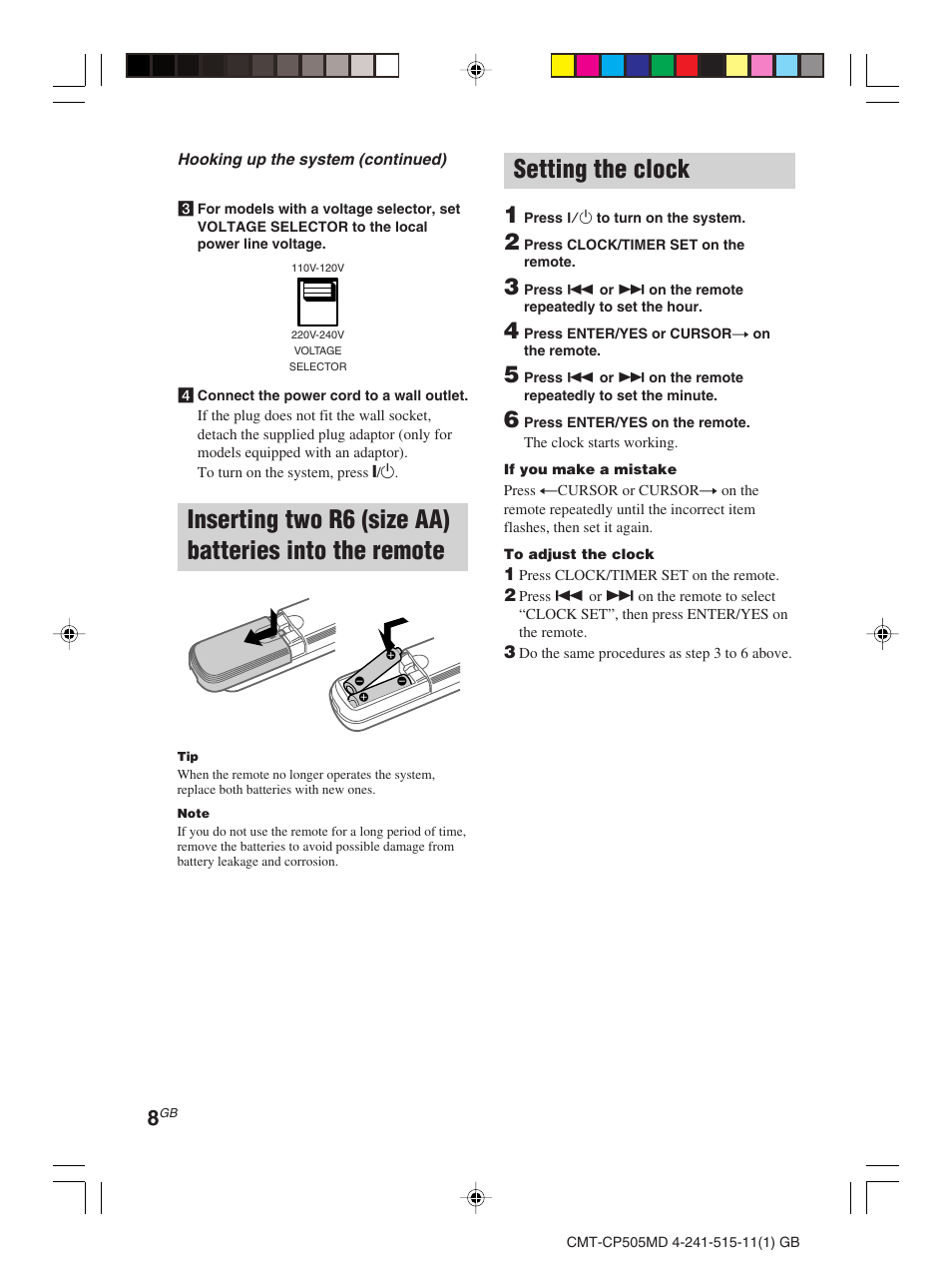 Setting the clock | Sony CMT-CP505MD User Manual | Page 8 / 68