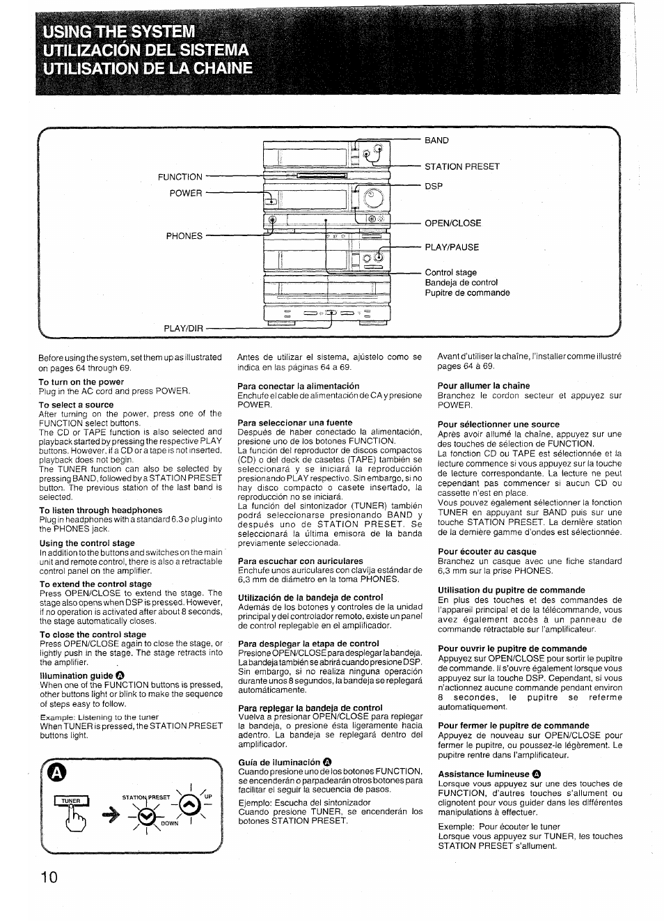 Using the system, Utilización del sistema utilisation de la chaine, To select a source | Para conectar la alimentación, Para seleccionar una fuente, Para escuchar con auriculares, Utilización de la bandeja de control, Para desplegar la etapa de control, Para replegar la bandeja de control, Guía de iluminación o | Sony SX-N737 User Manual | Page 10 / 72