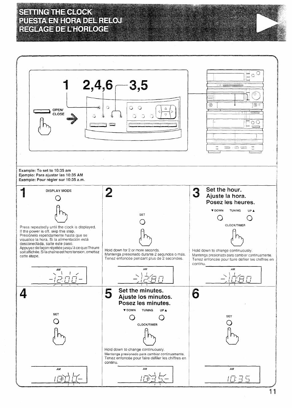 Set the hour. ajuste la hora. posez les heures | Sony SX-N737 User Manual | Page 11 / 72