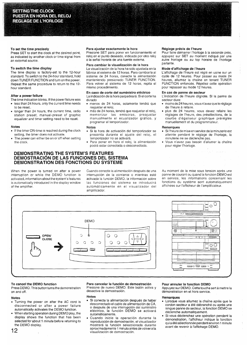 To set the time precisely, To switch the time display, After a power failure | Notes, Para ajustar exactamente la hora, Notas, Réglage précis de l’heure, To cancel the demo function, Para cancelar la función de demostración, Pour annuler la fonction demo | Sony SX-N737 User Manual | Page 12 / 72