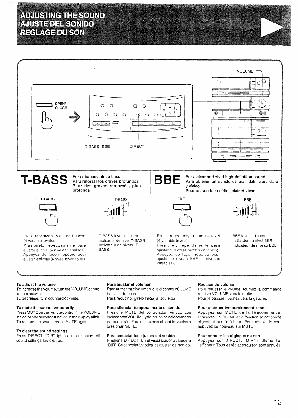 Volume, T-bass, To adjust the volume | To mute the sound temporarily, To clear the sound settings, Para ajustar el volumen, Para silenciar temporalmente el sonido, Para cancelar los ajustes del sonido, Réglage du volume, Pour atténuer temporairement le son | Sony SX-N737 User Manual | Page 13 / 72