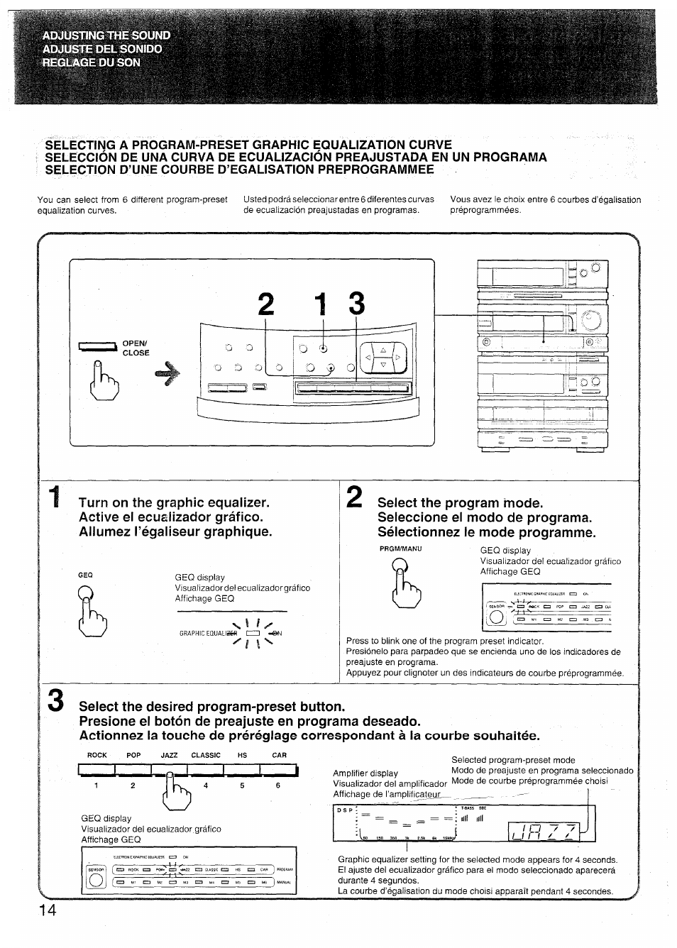 Select the program mode, Select the desired program-preset button, Presione el botón de preajuste en programa deseado | Sony SX-N737 User Manual | Page 14 / 72